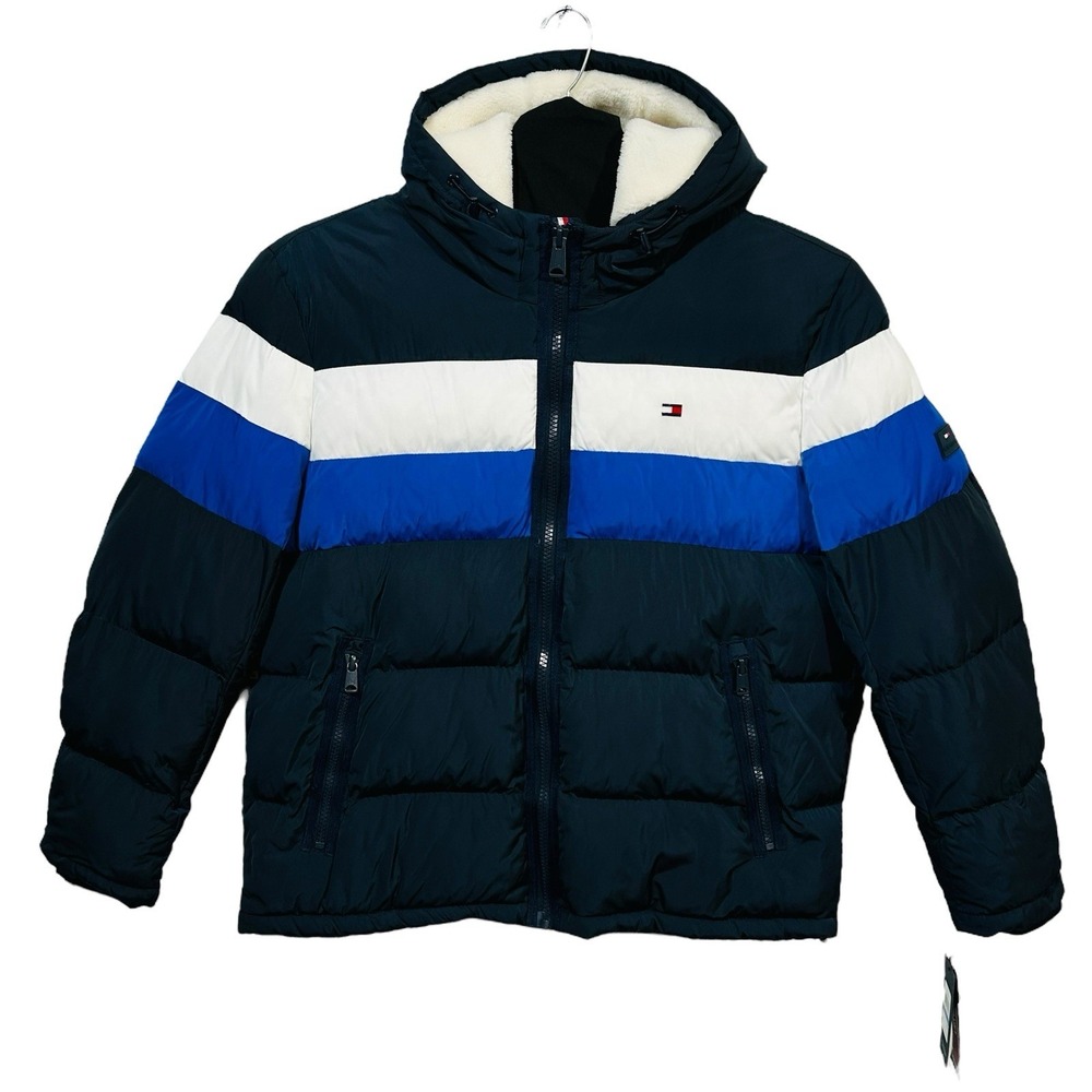 Tommy Hilfiger Men's Hooded Puffer Jacket Size XL Blue White Quilted Winter Coat